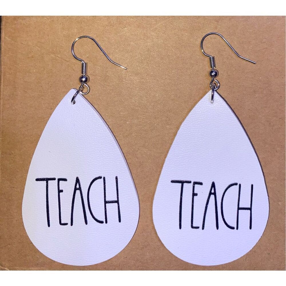 ☀️3/$9☀️ White Faux Leather “TEACH” Earrings